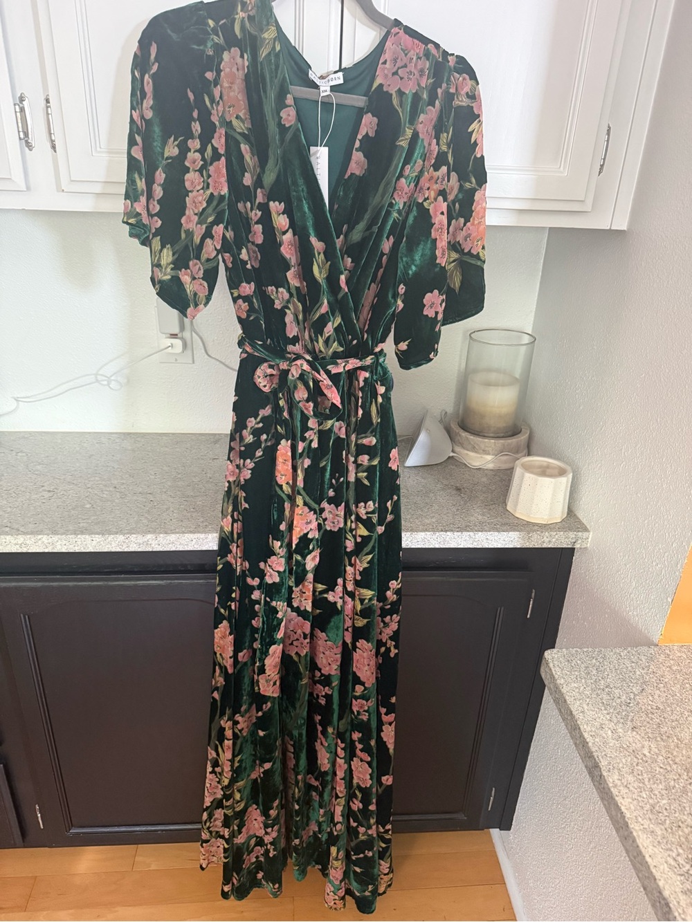 Baltic Born Dark Green Velvet Floral Robe with Pink Flowers